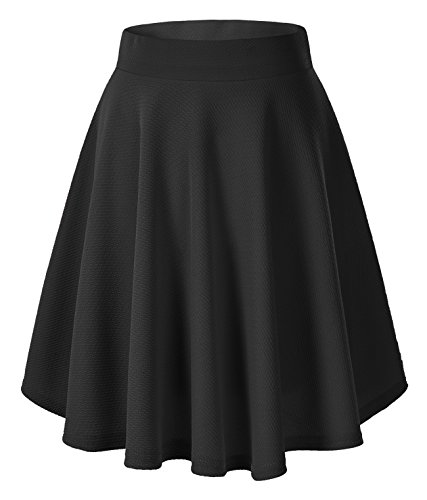Damen Elegante Elastische Taille Ausgestellte A-Linie Midi Rock Basic Uniform Plissee Skater Röcke(XL, Schwarz)