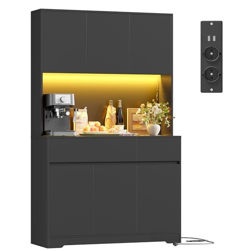 FirFurd Küchenschrank Buffetschrank mit LED und Steckdose Küchenschrank mit Arbeitsplatte Sideboard für Küche Wohnzimmer Esszimmer Küchenbuffet 180x100x38,5cm schwarz