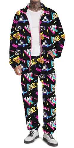 UOUA 80er Outfit für Männer 90er Tracksuit Kostüm für Halloween 70er Windbreaker Jacke Track Anzug 2 Stück Hip Hop Set Schwarz Drucken 3XL