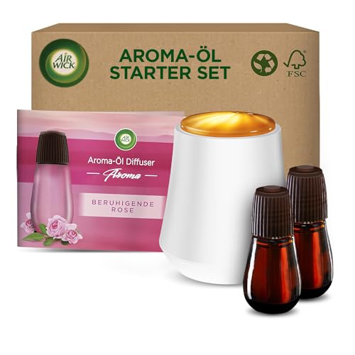 Air Wick Aroma-Öl – Starter Set – Diffuser mit ätherischen Ölen – Raumduft Beruhigende Rose – 2 x 20 ml Nachfüllern + Gerät