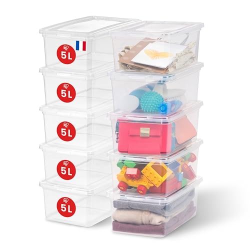 Iris Ohyama Vielseitige Aufbewahrungsboxen, 5L, 10er-Set, Transparent, Deckel leicht schließbar, Stapelbar, Für Schrank, Regale, Klassenzimmer, Organisation, Spielzeug, Kunstbedarf, Schuhe, CNL-5