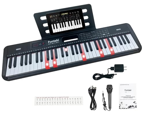 Funtaki Elektronisches Keyboard Piano mit 61 Tasten für Erwachsene und Kinder mit leuchtenden Tasten, MIDI-Konnektivität und Lernmodi – perfektes Anfängerklavier, Schwarz