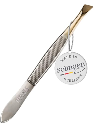 TITANIA Pinzette aus Solingen (8cm, vergoldet) • Made in Germany • Augenbrauen-Pinzette zum Zupfen • Extra präzise • Vergoldete Spitze