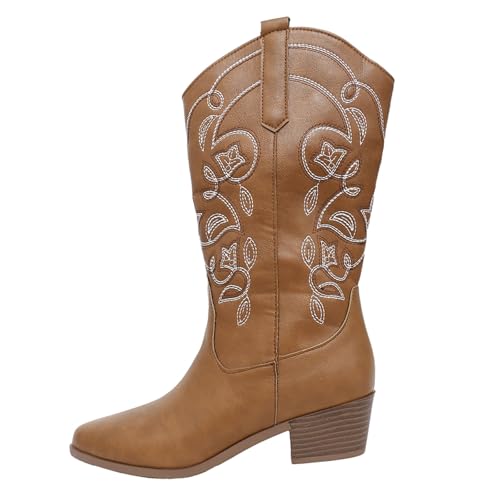 Cowboystiefel für Damen, Cowgirl-Cowboystiefel, Blockabsatz, PU-Leder, mittelbreit, Wade, Landhaus-Reitschuhe, Western-Hochzeitsschuhe, 2 braun, 40.5 EU
