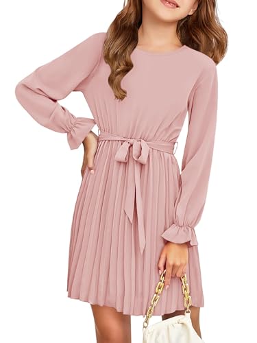 Haloumoning Mädchen Kleid Elegant Langarm Kleider Kids A-Linie Faltenrock Rundhals Fließender Midi Kleid, Rosa, 11-12 Jahre