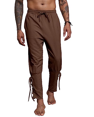 YAOBAOLE Leinen Hose Herren Lang Mittelalter Wikinger Kostüm mit Taschen Renaissance Piratenhose Universal Fit