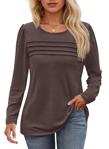 Cicy Bell Damen Langarmshirt Rundhals Pullover Lässige Falten Sweatshirt Puffärmel Longshirt Einfarbig Bluse Loose Fit Tunika Top,Kaffee,L