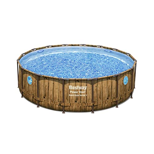 Bestway Power Steel Swim Vista Series Frame Pool Komplett-Set mit Filterpumpe Ø 488 x 122 cm, Holz-Optik (Pinie), rund