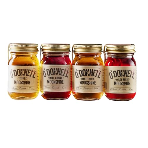 O'Donnell Moonshine Geschenkset (Classic) Made in Berlin - 4x Premium Likör in Original Mason Jars (mini) – Geschenke für Männer & kleine Weihnachtsgeschenke – Probierset Whiskey & Schnaps Liebhaber