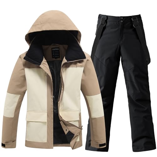 HOTIAN Herren Ski Jacke und Hosen Set Atmungsaktiv Skianzug Wasserdicht Winter Winddicht Schneeanzug mit Abnehmbare Kapuzen Snowboard Sets KK+BK L