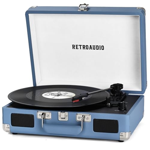 RetroAudio Vinyl-Schallplattenspieler, Bluetooth, Vintage, tragbarer Koffer-Plattenspieler mit integrierten Lautsprechern, 3-Gang-Gang-Riemenantrieb, unterstützt Cinch-Ausgang und Kopfhörerausgang