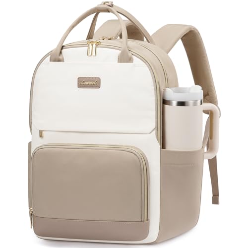 LOVEVOOK Rucksack Damen, 15.6 Zoll Laptop Schulrucksack Teenager mit Großem Flaschenfach, Uni Schultasche Travel Backpack Women Elegant, Arbeitstasche Tagesrucksäcke für Reise Schule, Khaki Beige