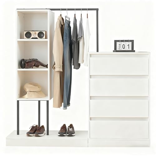 dowowdo Schrank mit 4 Schubladen und Kleiderstange, Aufbewahrungsschrank mit Regalen, Sideboard Weiß Schwarz 140x40x135cm für Flur Schlafzimmer Wohnzimmer