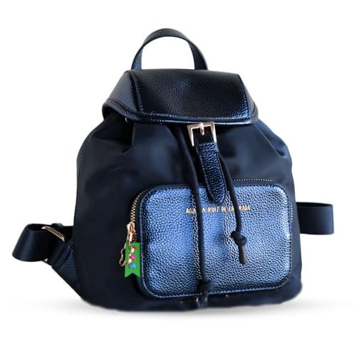Agatha Ruiz de la Prada Blauer Nylon-Rucksack mit Deckel und Vordertasche, metallisches Kunstleder