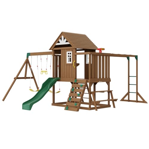 VEVOR Spielturm Klettergerüst, 10 in 1 Spielplatz-Sets für den Garten, mit 2 Schaukeln, Trapezstange, 1.8m Rutsche, großes oberes Fort mit Küchenspielzeug, Flache Trittleiter, Felswand, etc.