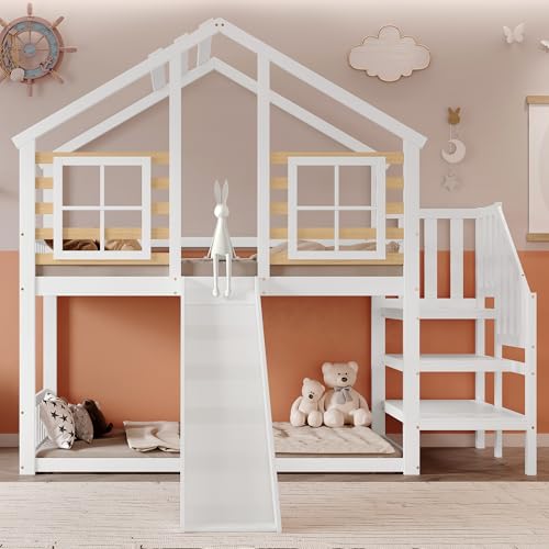 Rtopsu Kinderbett Etagenbett 90x200 cm mit Rutsche und Treppe für 1-2 Kinder, Hochbett Baumhausbett Holzbett mit 2 Fenster, Hausbett Bett mit Rausfallschutz und 1 Lattenrost, Weiß, Ohne Matratze