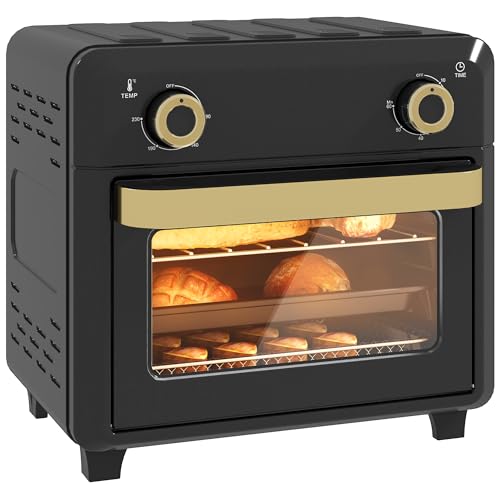 HOMCOM Minibackofen mit Umluft, 10L Heißluftfritteuse, Backofen Klein mit 60-Min-Timer und Innenbeleuchtung, 80-230℃, 3 Einschubebenen, Zubehör Spülmaschinenfest, 1000W, Schwarz
