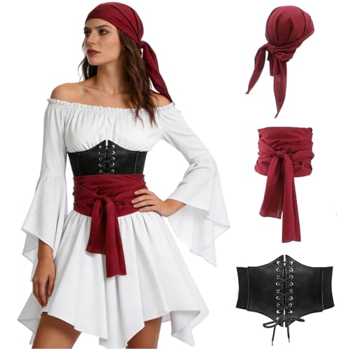 Piratenkostüm Damen Set, Piraten Karneval Kostüm Damen, Off-Shoulder Weißes Kleid mit Korsett, Kopftuch & Taillenschal Mittelalter Kleidung Frauen Piratin Outfit für Halloween Fasching Cosplay
