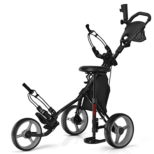 COSTWAY Golf Trolley, 3 Rad Golftrolley klappbar, Golfcaddy aus Aluminum mit Sitz, Verstellbarer Griffe & Vorderrad, Golfwagen mit Schirmhalter & Aufbewahrungstasche (Grau, Mit Sitz)