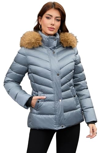 PAPILLON D'OR Damen Glänzender Puffermantel mit abnehmbarem Kunstfellkragen & Kapuze - Regular Fit Winterjacke mit Knopftaschen & Rippbündchen (DE/NL/SE/PL, Alpha, S, Regular, Regular, Rosa-Blau)