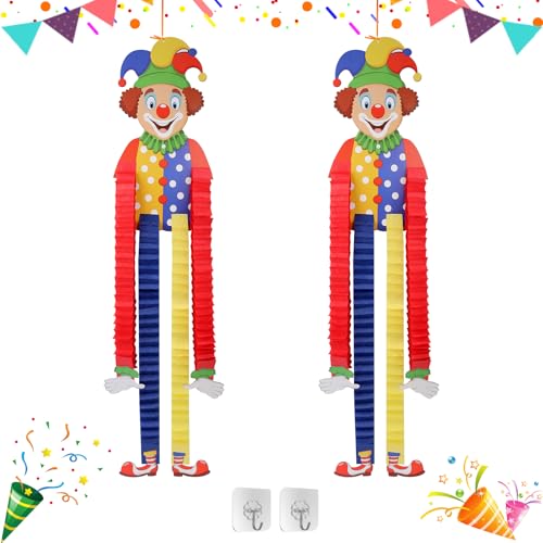 Clown Banner Karneval, 2pcs Clown Deko Karneval, Clown Fasching Deko Farbe Papier Luftschlangen Karneval Hängen Banner, Fasching Party Dekoration für Indoor Outdoor Geburtstag Garten Party Fenster