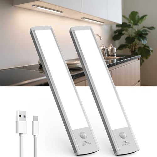 TANSOOL+ Schrankbeleuchtung LED Lampe mit Bewegungsmelder - USB-C Aufladbar Unterbauleuchte Küche Licht - Dimmbar kabellos Nachtlicht für Küche, Treppe, Schrank - 20cm, 2 Stück