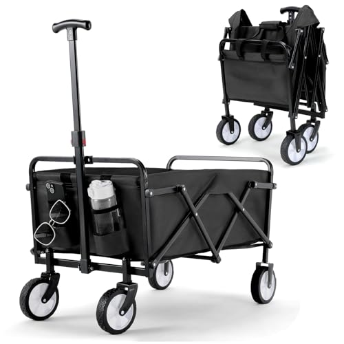Bollerwagen Faltbar Handwagen All Terrain Räder, Gartenwagen mit Getränkehalter verstellbarem Griff, Transportwagen Klappbar Strandwagen, Gartenkarre, Einkaufswagen, Camping (Schwarz)