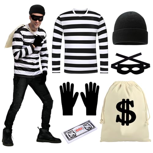 Räuber Kostüm Herren Bankräuber Kostüm Herren Dieb Kostüm Herren Einbrecher Kostüm Herren Bandit Kostüm Herren Verbrecher Kostüm Herren Kostüm Sträfling Herren für Halloween Karneval Cosplay (6pcs)