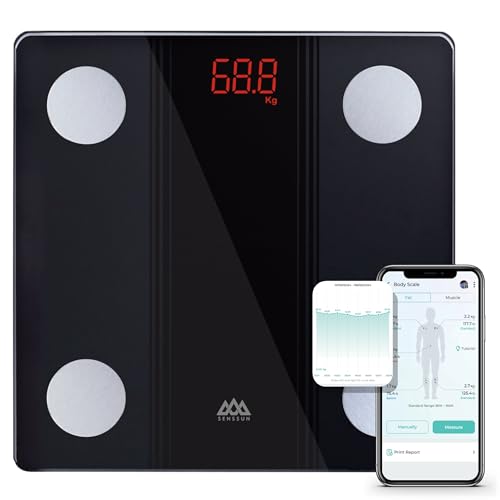 SENSSUN Körperfettwaage Digital Personenwaagen,Waage Personen mit APP, Smart Waage Bluetooth Körperanalysewaage mit Körperzusammensetzungsfunktion,150KG/330LB,26 * 26CM,LED-Display(Schwarz)