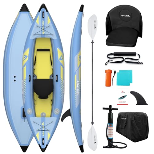 Abahub 320cm Aufblasbares Kajak 1 Person Inflatable Kayak mit Kajak Paddel, Kajaksitz, Fußstütze, Handpumpe und Tasche für Kajakfahren Kanu Schlauchboot 1 Platz 320x89x23cm Hellblau