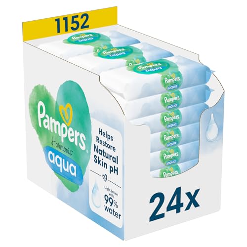 Pampers Harmonie Aqua Feuchttücher 24 Packungen mit jeweils 48 Feuchttüchern, 1152 Feuchttücher, die helfen, den natürlichen pH-Wert der Haut wiederherzustellen, leichte Lotion mit 99 Prozent Wasser