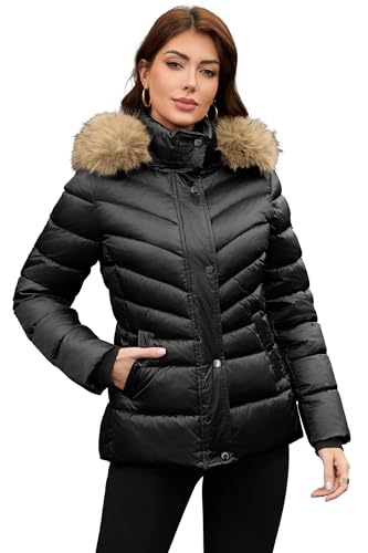 PAPILLON D'OR Damen Glänzender Puffermantel mit abnehmbarem Kunstfellkragen & Kapuze - Regular Fit Winterjacke mit Knopftaschen & Rippbündchen (DE/NL/SE/PL, Alpha, M, Regular, Regular, Schwarz)