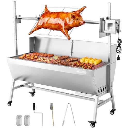 VEVOR Drehspießgrill 38 W Spanferkelgrill Lammgrill Holzkohlegrill (1218 mm Grilllänge) mit 60 kg Tragkraft & Rädern & 4-facher Höhenverstellung & Schutzblech, Elektrogrill-Set für Camping