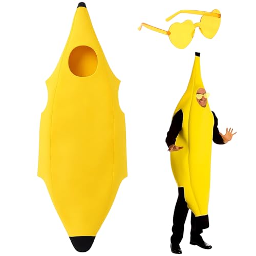 ZXJLWR Bananen Kostüm, Lustiges Kostüm Für Erwachsene, Perfekt Für Halloween Und Karneval, Inklusive Gelbe Brille, Größe 150-175 Cm