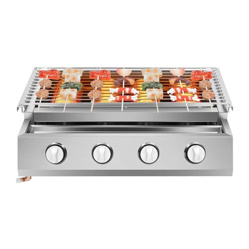 4 Brenner Gasbräter, 2800Pa LPG Edelstahl Grill Tischgrill Gas Tisch Gasgrill BBQ Gastrobräter mit Grillrost, 57x39x17,5cm Höhenverstellbar für Camping Balkon Garten