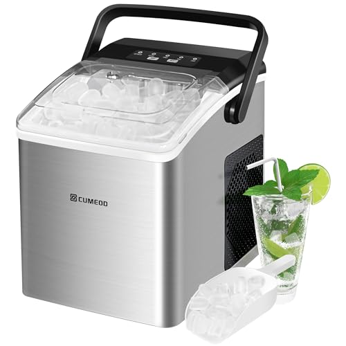 CUMEOD Eiswürfelmaschine, 9 Würfel in 6 Minuten, 12KG/24h, 125W Eiswürfelmaschine Edelstahl mit Tragbarem Griff, Selbstreinigender, 2 Eiswürfel Größen Ice Maker für Küche, Büro, Bar und Party