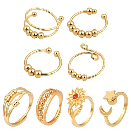 Ptwola 8 Stück Verstellbare Anxiety Ring Offener Fidget Ringe Stapelbare Ring mit Perlen Sterne Mond Verstellbar Ringe für Mädchen Frauen Herren Geburtstags Party Geschenke