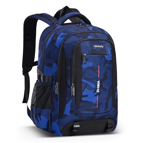 Tanou Schulrucksack Jungen Rucksack Teenager, Camouflage-Schultasche für Jungen mit Großer Kapazität, Modischer Ranzen Tagesrucksack für Schule und Reisen, Blau