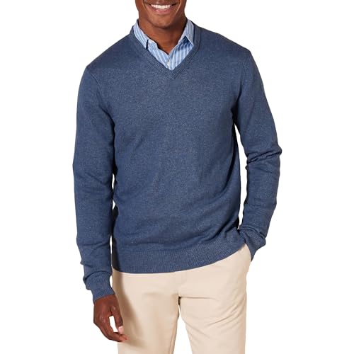 Amazon Essentials Men's V-Neck Sweater, Blue Heather, Large