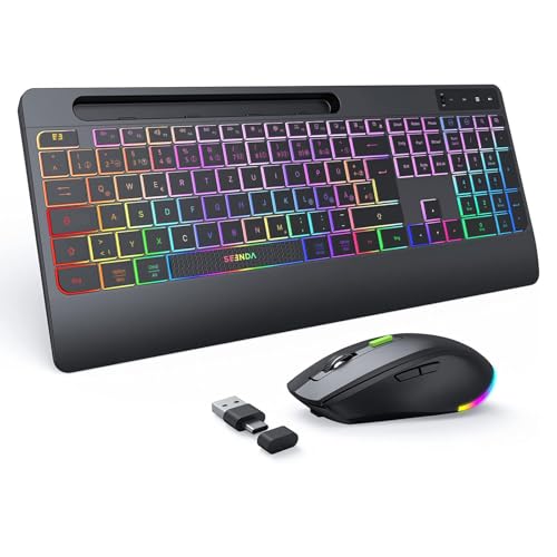 seenda JPX006 Tastatur Maus Set kabellos beleuchtet, wiederaufladbare USB & Typ C Funktastatur mit Maus mit Handyhalter und Handballenauflage für PC/Windows/Mac, leise Klicken & QWERTZ Layout, Schwarz