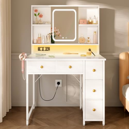 ODK Schminktisch mit Verstellbarem LED-Spiegel & Eingebauten USB-Steckdosen & RGB-Lichtleiste, Toilettentisch mit 5 Stoffschubladen & 3-Etagen-Regalen, Weißer Schminktisch 90×40×139cm