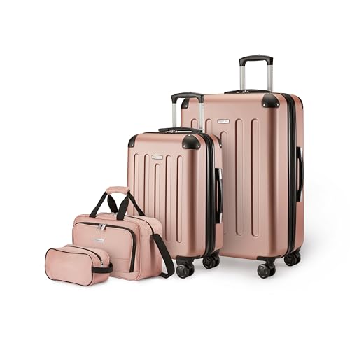 Amazon Basics Hartschalenkoffer-Set, 4Stück, Großer Koffer, Handgepäckkoffer, Tragetasche, Kompakte Reisetasche, Erweiterbar, 4 Spinner-Räder, Roségold