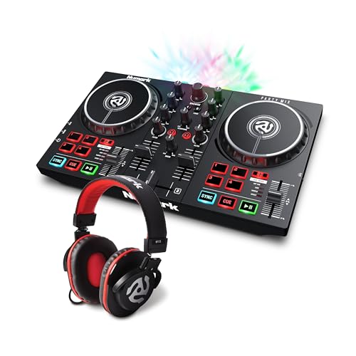 Numark Party Paket - Party Mix II DJ Controller Pult mit 2 Decks, eingebauten DJ-Lichtern & DJ-Mixer und HF175 Kopfhörer im geschlossenem Design, 40mm Treiber, hochqualitativen Ohrmuscheln