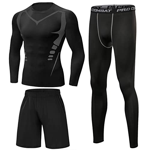 Terecey Kompressionsanzug Herren Set Kompressionsshirt Leggings Sportshorts 3pcs Set Fitness Bekleidung Kompression Sportbekleidung für Training Laufen Radfahren Gym