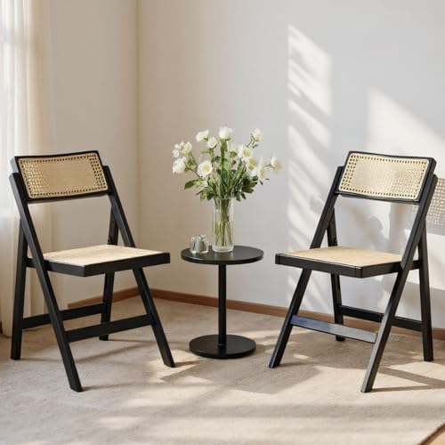 chairus 2er Set Esszimmerstühle für Küche Klappstühle aus Rattan Vintage Küchenstühle Klappbare Akzentstühle für Esszimmer Wohnzimmer (Schwarz-2)
