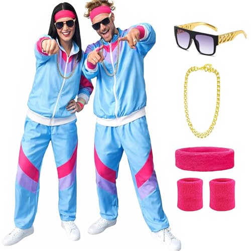 90er 80er Jahre Outfit für Herren und Damen, Vintage Jogginganzug mit Jacke, Hose und Accessoires für Karneval, Fasching & Mottoparty (XL)