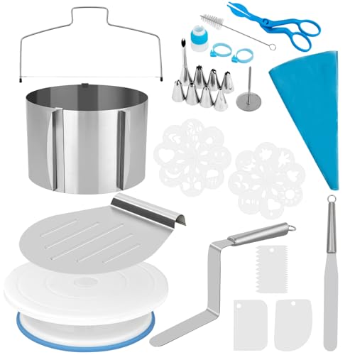 Fulasofia Torten Zubehör Set 40 Teile mit Tortenring Verstellbar Hoch 15cm, Tortensäge, Tortenheber, Tortenplatte Drehbar, Tortenschneider, Teigschaber, Spritztüllen Set, Tortenschablone