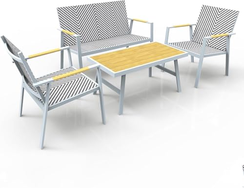 RANSENERS Premium Gartenmöbelset Wetterfest 4 Personen Outdoor - inkl. 2 Sessel Gartenbank Tisch - Aluminium Rahmen und Polyrattan Sitzfläche für Innen und Außen - Weiß