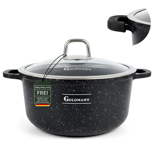 GOLDMANN Premium Gussaluminium Kochtopf 28 CM – 6.5L – Keramik-Marmor-Antihaft-Kasserolle mit Glasdeckel und Silikongriffen, geeignet für alle Herdarten inklusive Induktion & PFOA-frei