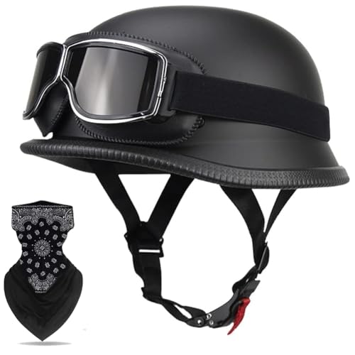 Labzaa Vintage Deutsche Motorrad Halbschalenhelm mit ECE, Retro Half Öffnen Jethelm mit Schutzbrille für Bike Cruiser Chopper Moped Scooter ATV Männer und Frauen Helm A L